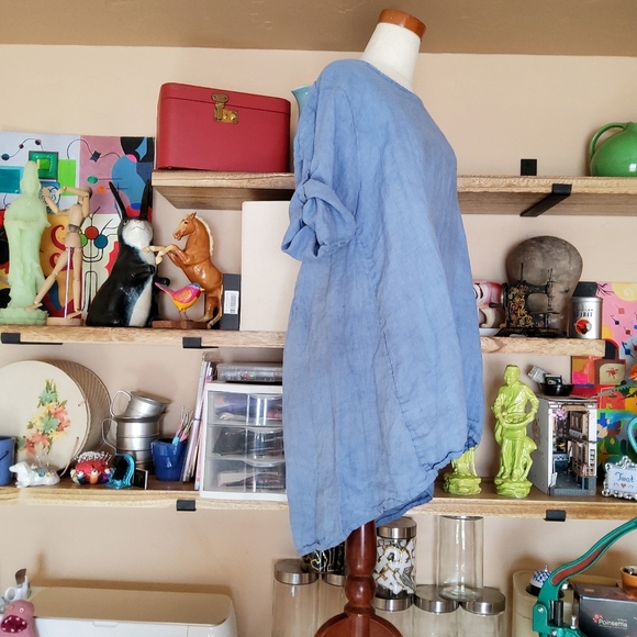 RAW MODA Italian Design Pure Linen Spring Blue Babydoll Loose Top M/L Bohemian - Picture 2 of 5